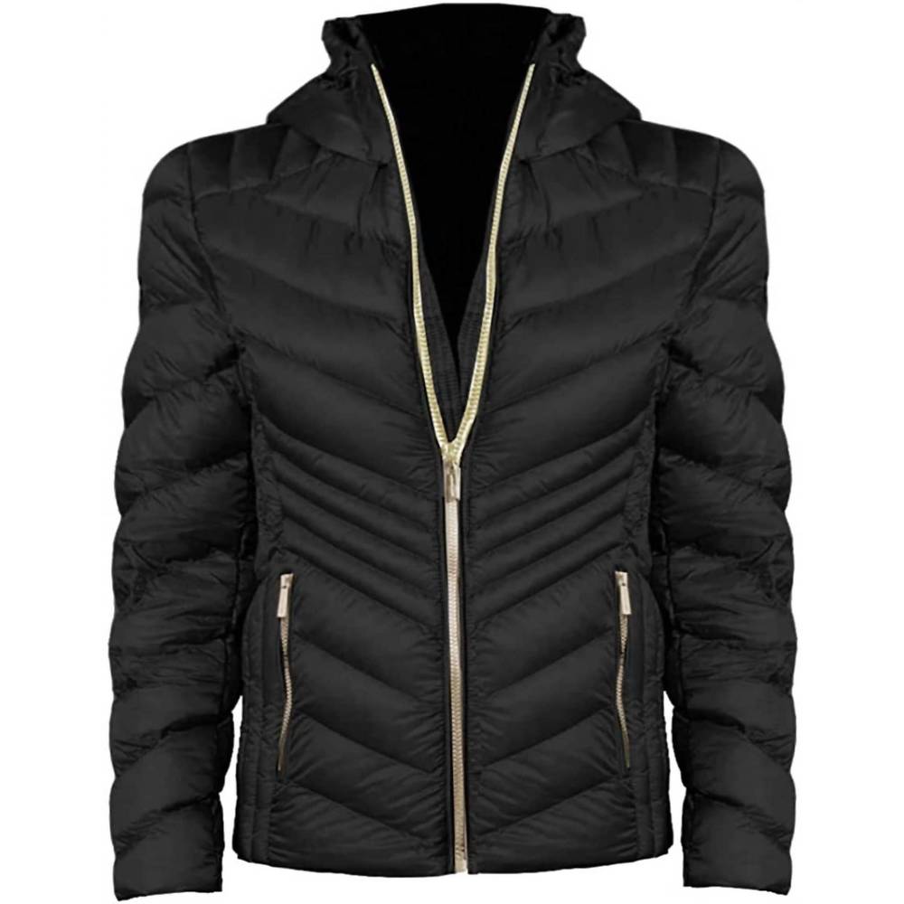 NEW MICHAEL KORS women's chevron double layer zipper 3/4 hooded packable coat in